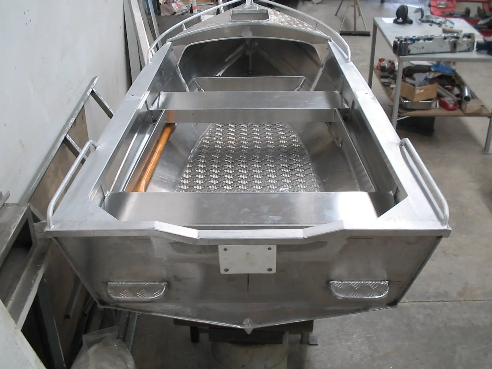 Metal boat behind view